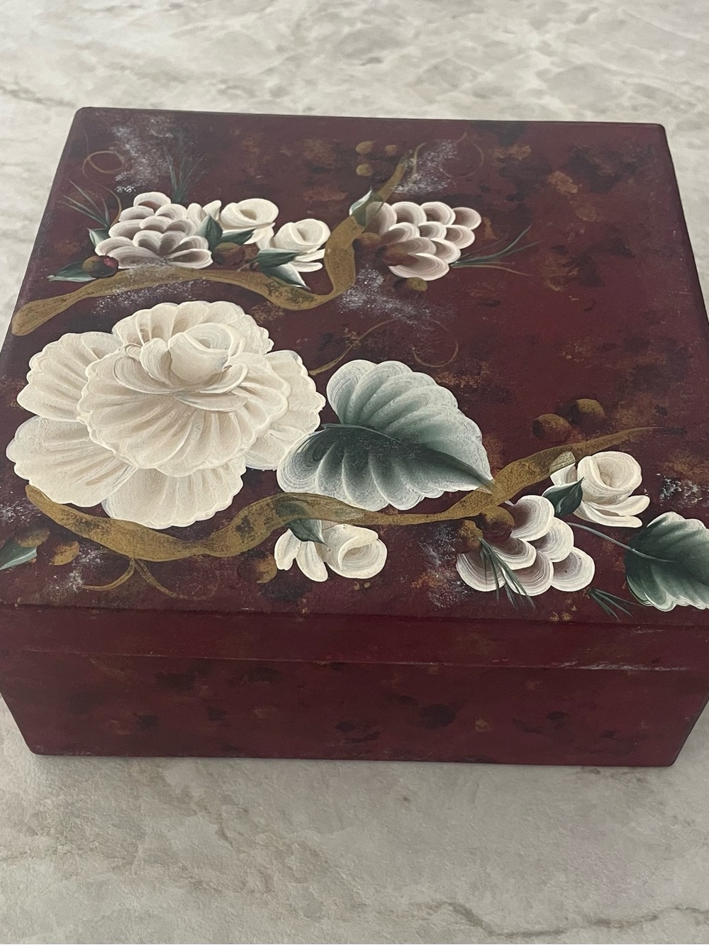 Decor Box,  Art Painting - Theresa Ross, ‘07 Flowers on Burgundy, 7-1/4” square